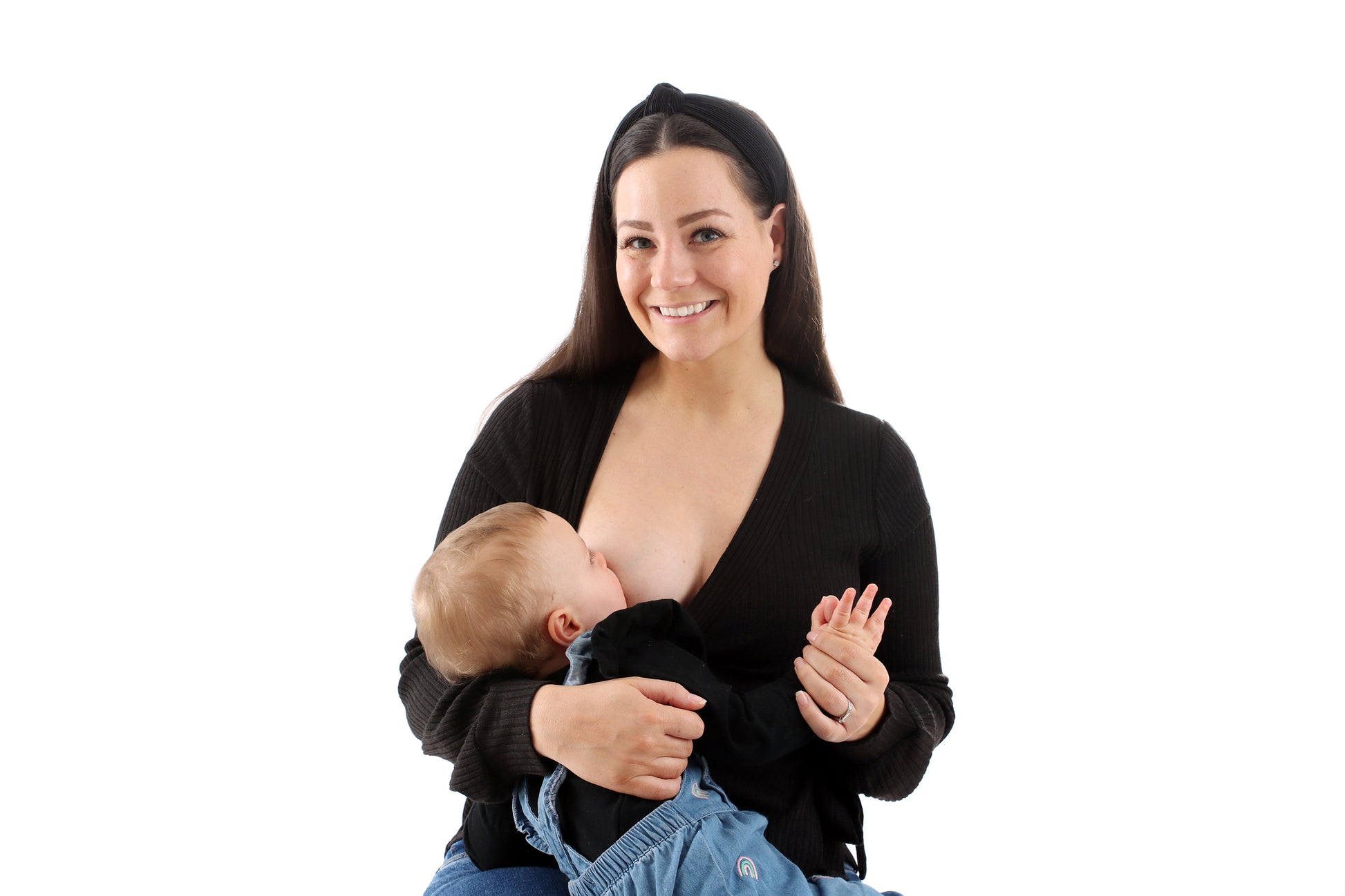 breastfeeding baby in a black wrap top